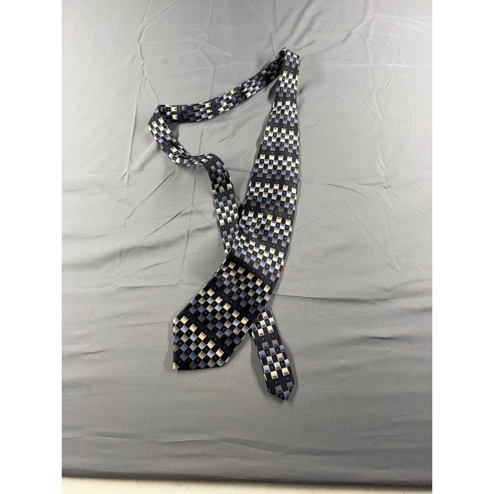 Kilburne & Finch Fine Clothiers 100% Silk Tie Blue Black Geometric Squares